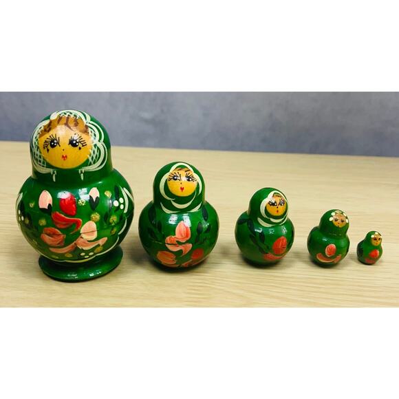 Russian Nesting Matryoshka Dolls 5 Set Hand Painted Green Pink Floral Stacking - Picture 2 of 5